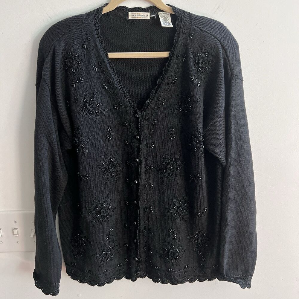 Vtg Black Knit Sweater Grandma Beaded Embroidery Flowers XL Grandma Yarnworks - Picture 7 of 12
